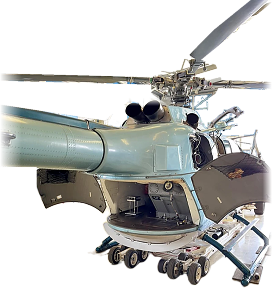 Helicopter rear fuselage with open cargo bay, instrumented for experimental vibration testing
